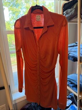 With Jean Orange Ruched Button-Down Shirt